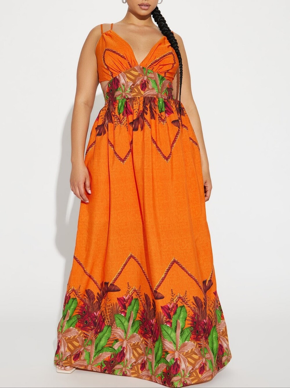 Fashion Nova Orange Tropical Print Maxi Dress
